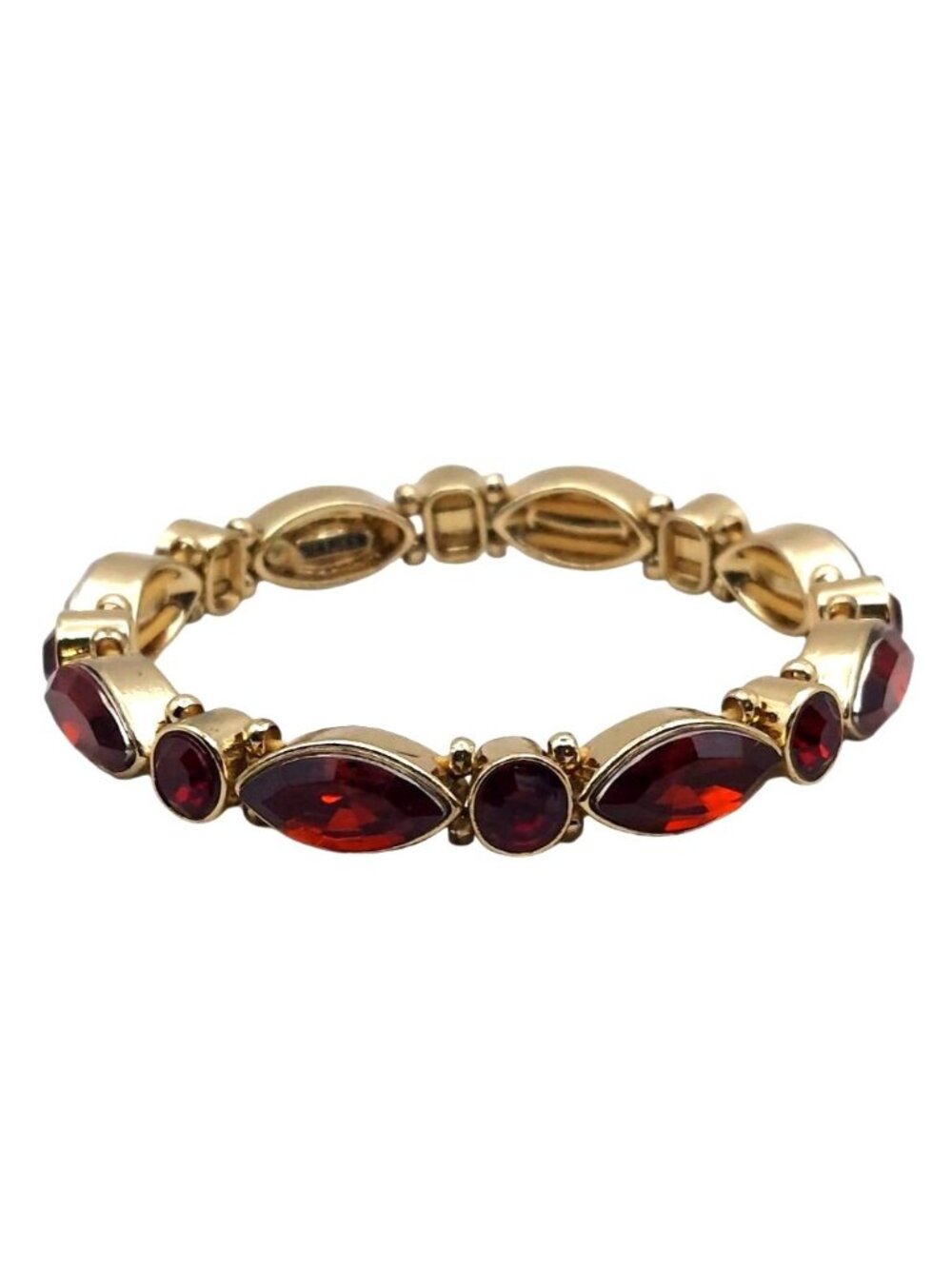 Vintage Napier Gold Tone Ruby Red Faceted Beaded Stretch Bracelet Signed